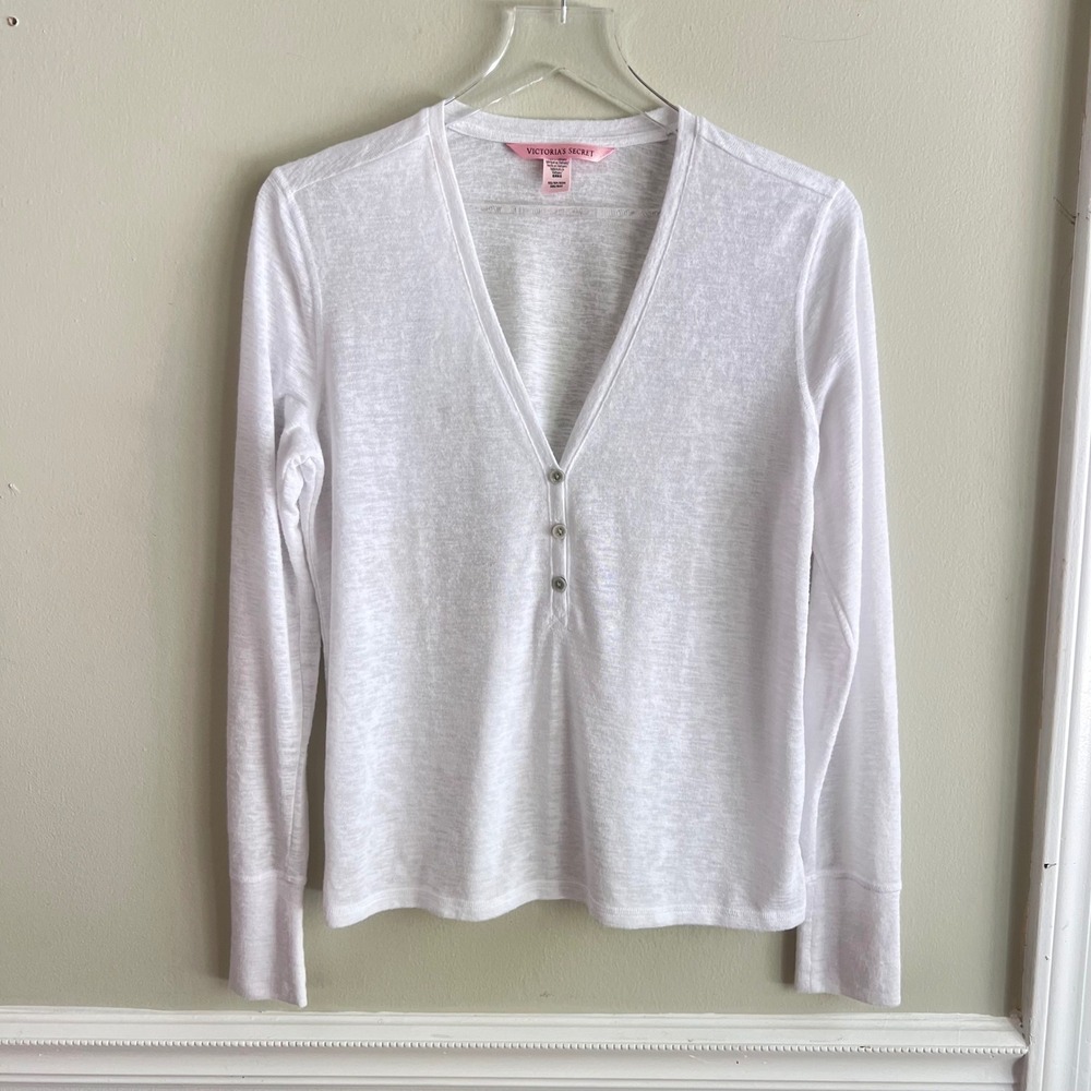 Victoria's Secret Henley Top Womens XS Long Sleeve V-Neck White Slub Knit Lounge